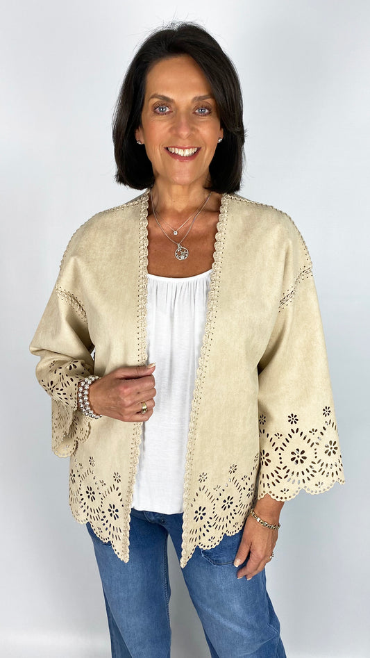 Laser cut suedette jacket | Beige