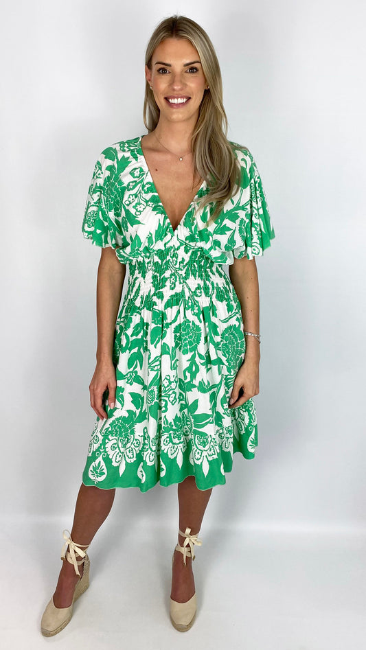 Shirred waist v-neck jungle print dress | 2 Colours