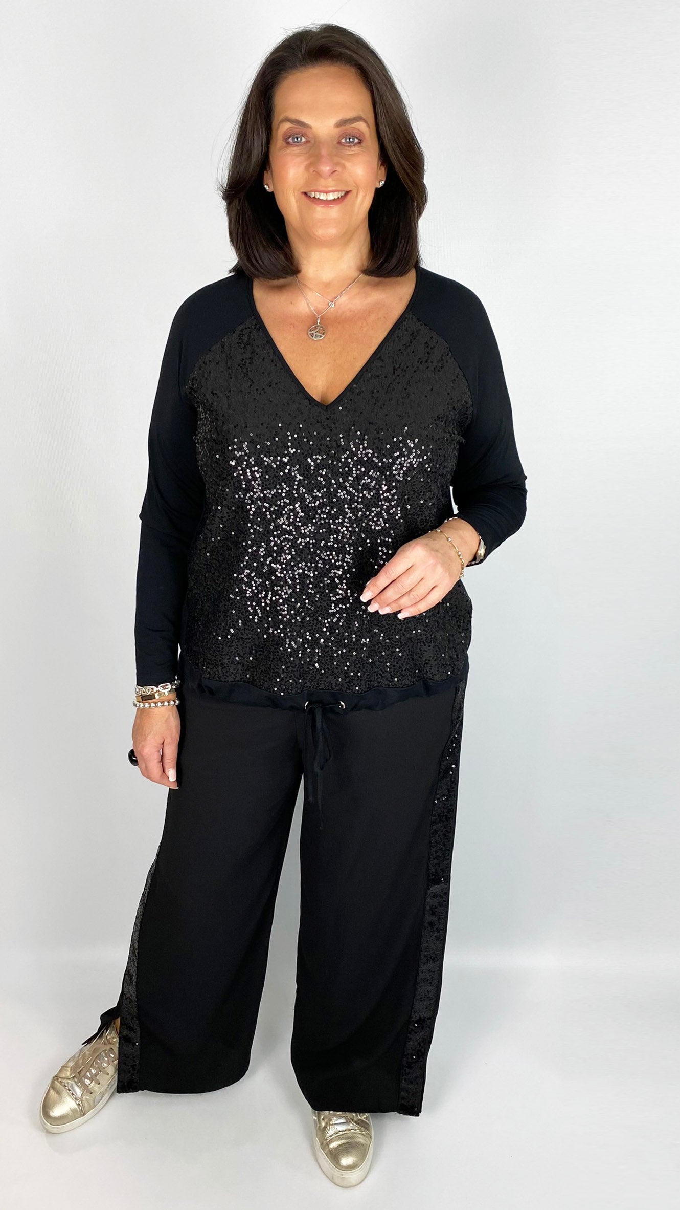 Jersey & sequin v neck drawcord top (Black) by Malissa J