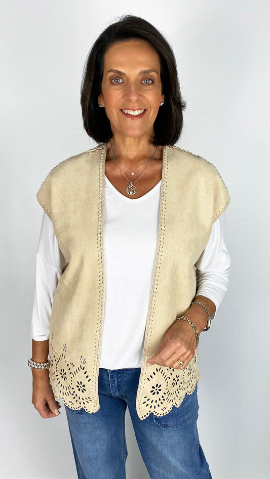 Laser cut suedette waistcoat | Beige