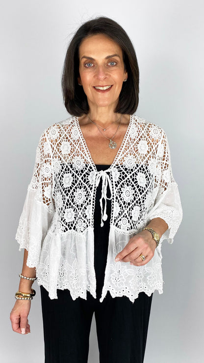 Crochet & embroidered tie-or-not cardigan | White