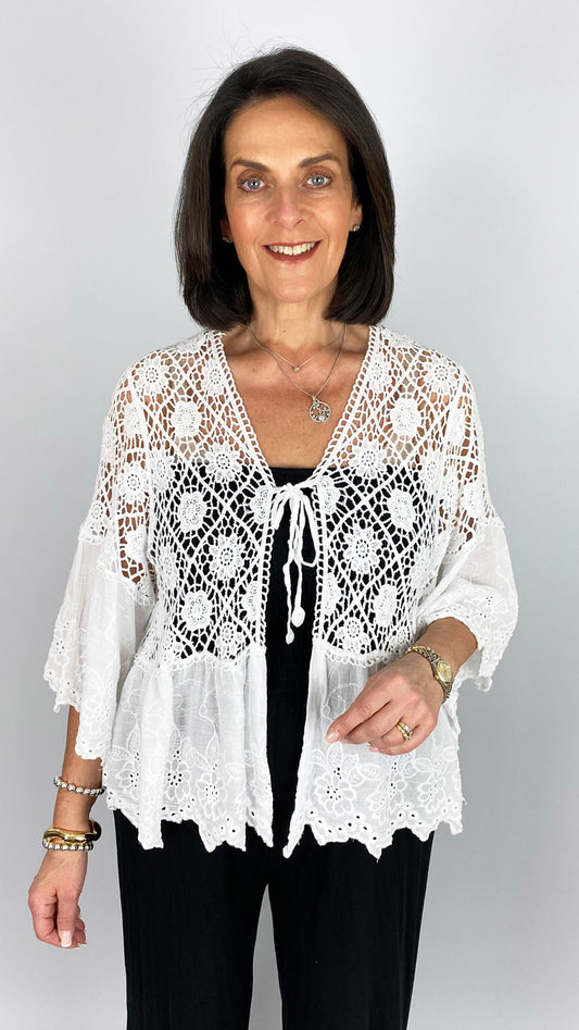 Crochet & embroidered tie-or-not cardigan | White