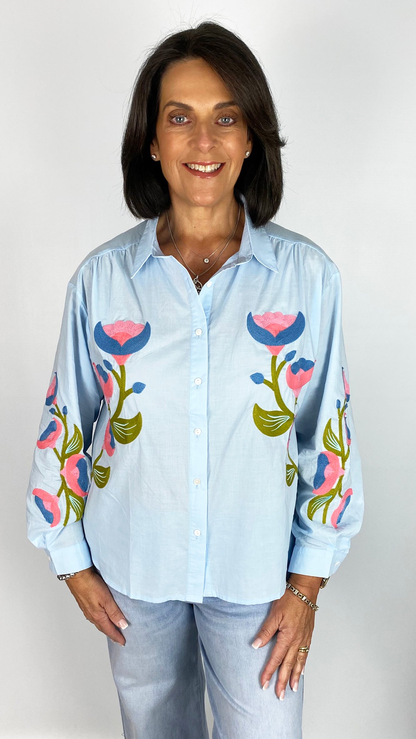 Cotton flower embroidered shirt | Light Blue