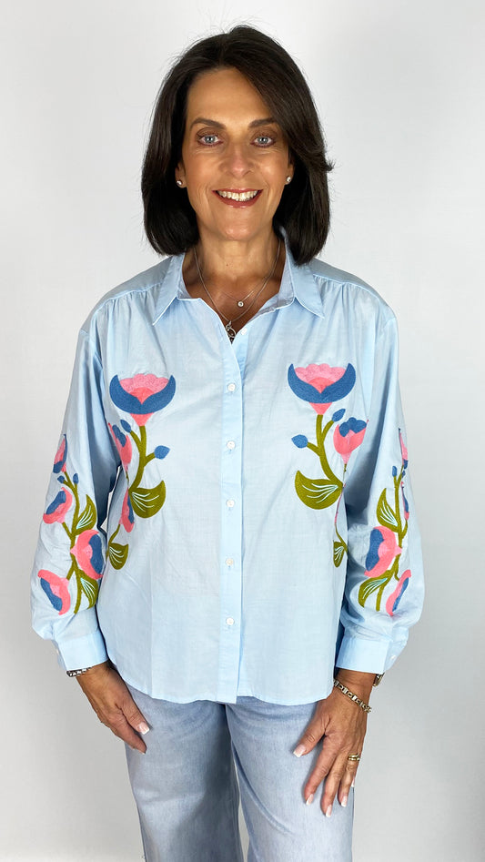 Cotton flower embroidered shirt | Light Blue