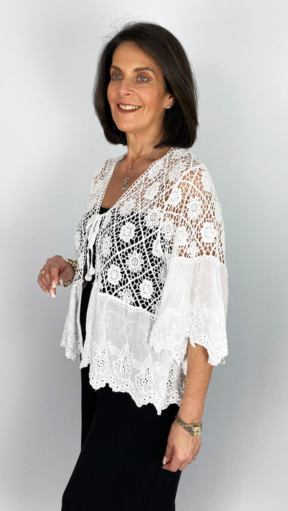 Crochet & embroidered tie-or-not cardigan | White