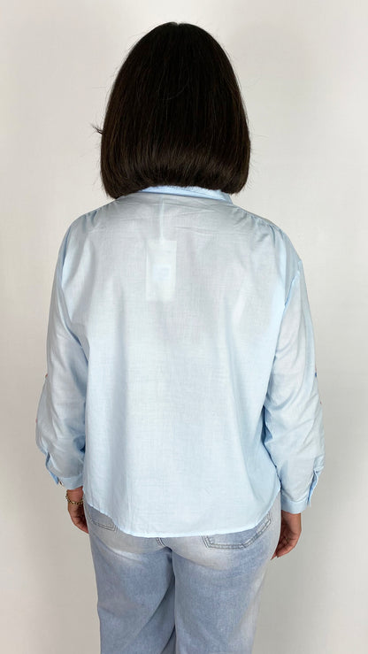 Cotton flower embroidered shirt | Light Blue