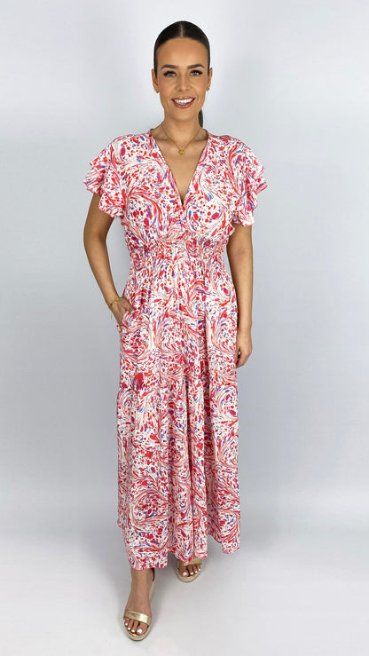 Angel sleeve shirred waist v-neck print maxi dress | 3 Colours