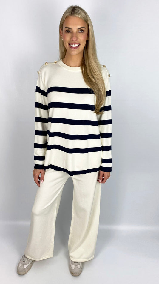 Stripe & button detail jumper & wide-leg trouser set (4 Colours) - last 1s