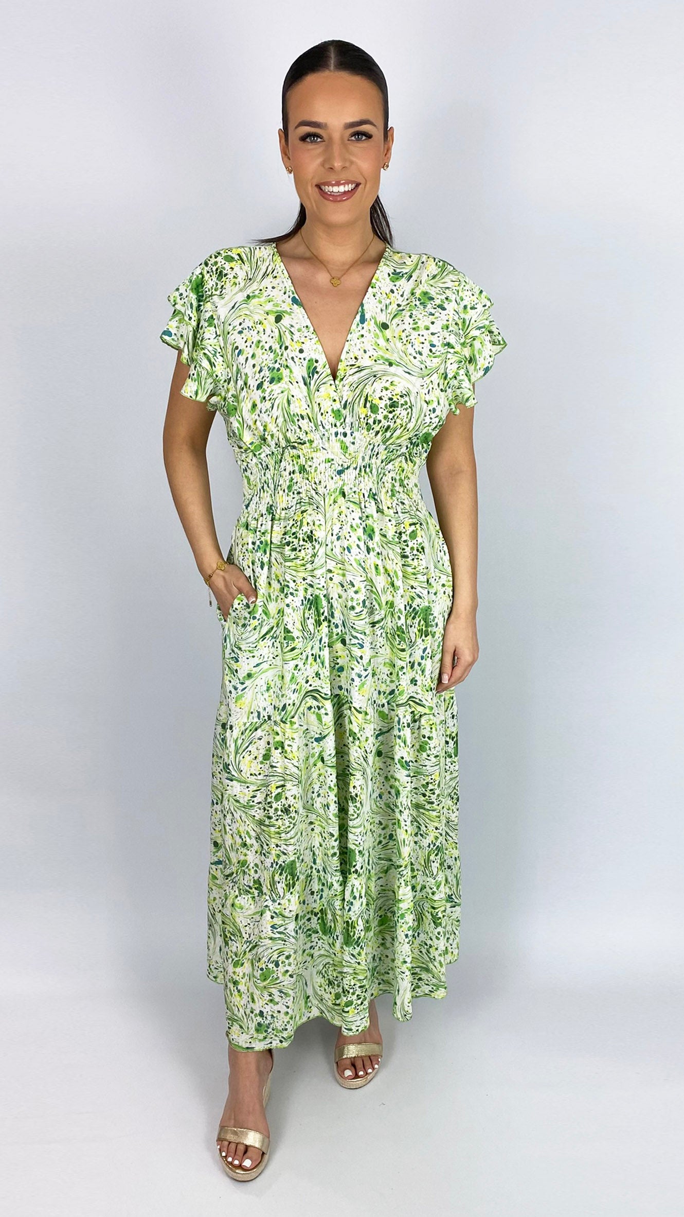 Angel sleeve shirred waist v-neck print maxi dress | 3 Colours