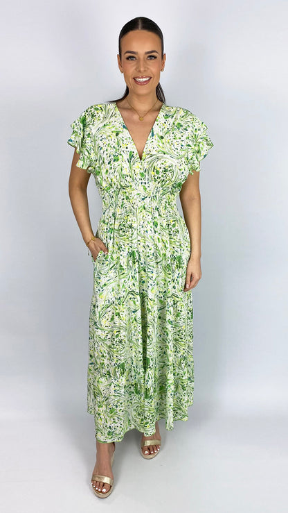 Angel sleeve shirred waist v-neck print maxi dress | 3 Colours