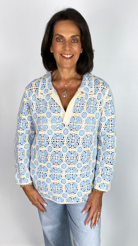 Crochet flower collared v-neck jumper | 2 Colours