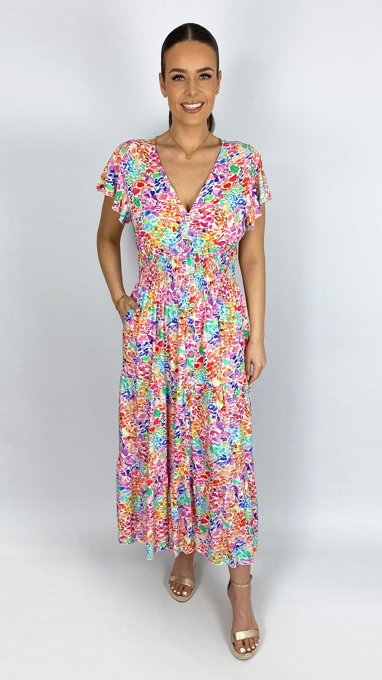 Bright multicoloured print shirred waist v-neck maxi dress