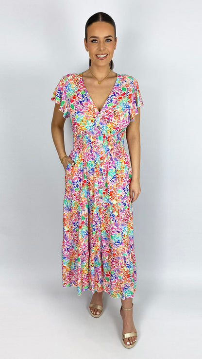 Bright multicoloured print shirred waist v-neck maxi dress