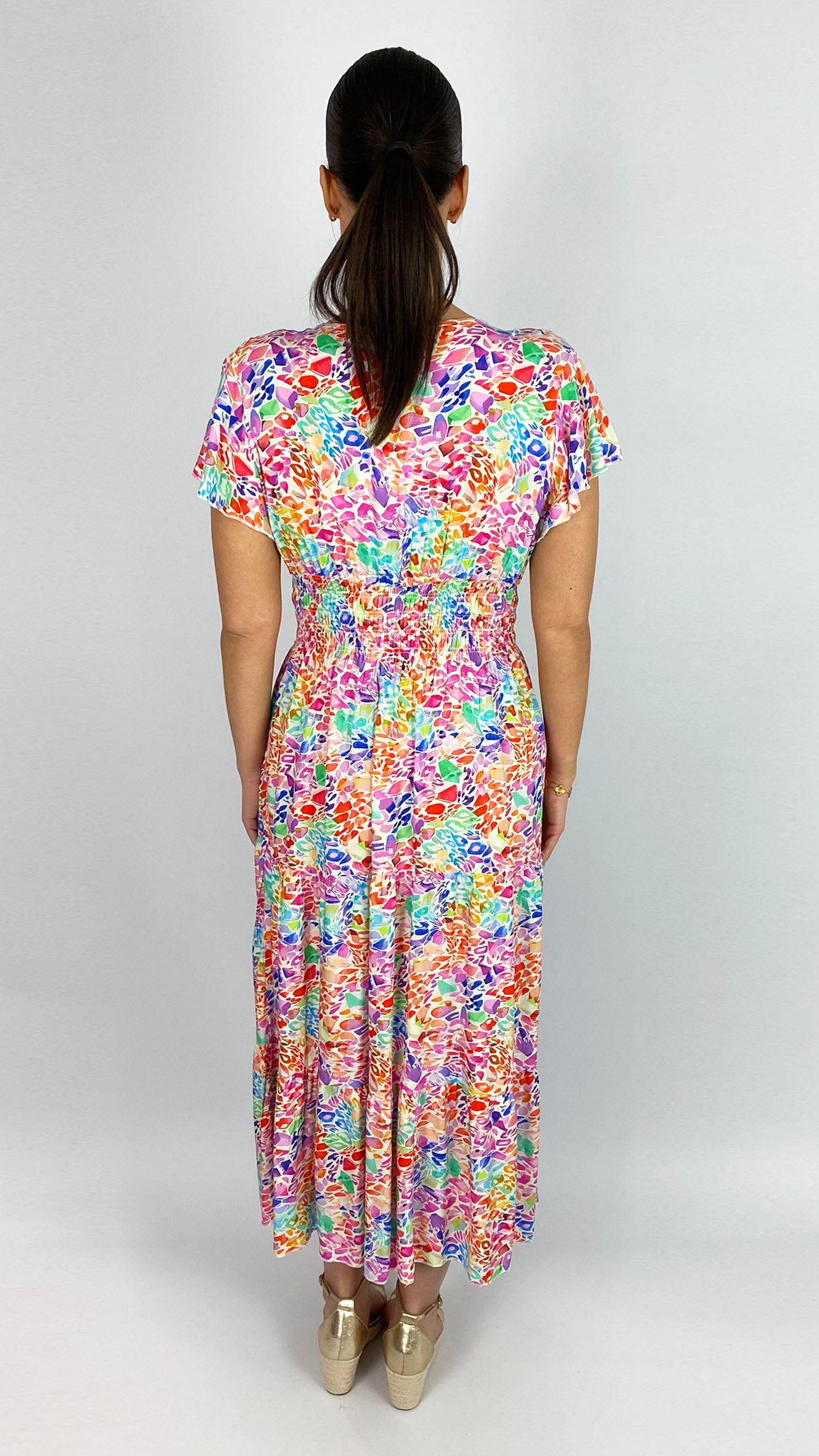 Bright multicoloured print shirred waist v-neck maxi dress