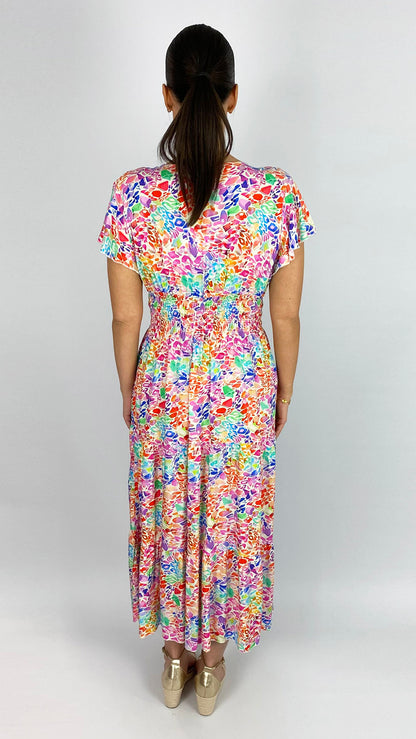 Bright multicoloured print shirred waist v-neck maxi dress