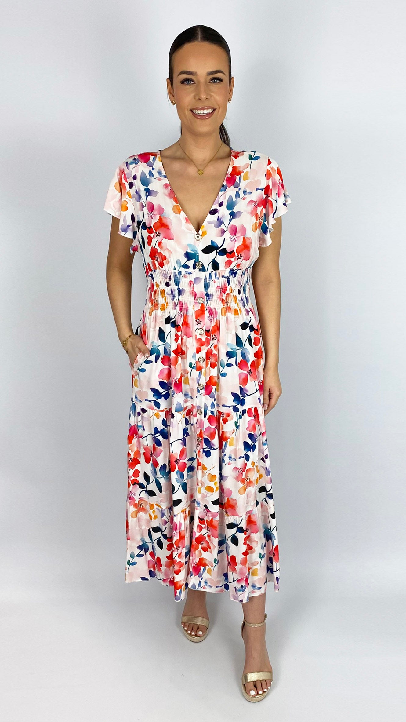 Floral shirred waist v-neck maxi dress