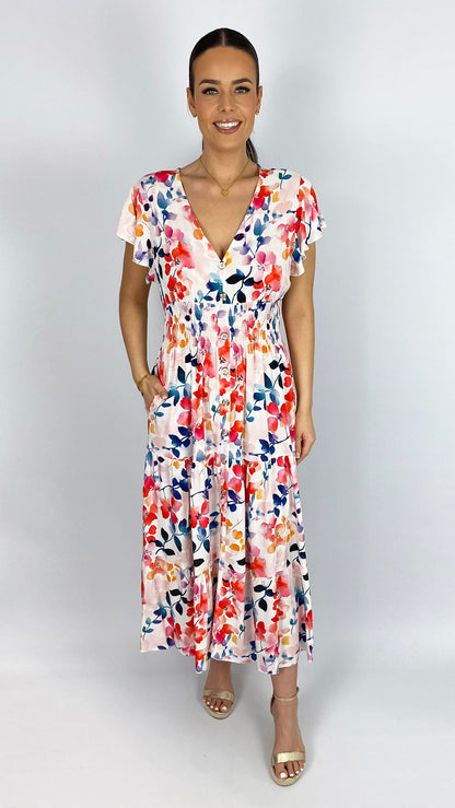 Floral shirred waist v-neck maxi dress