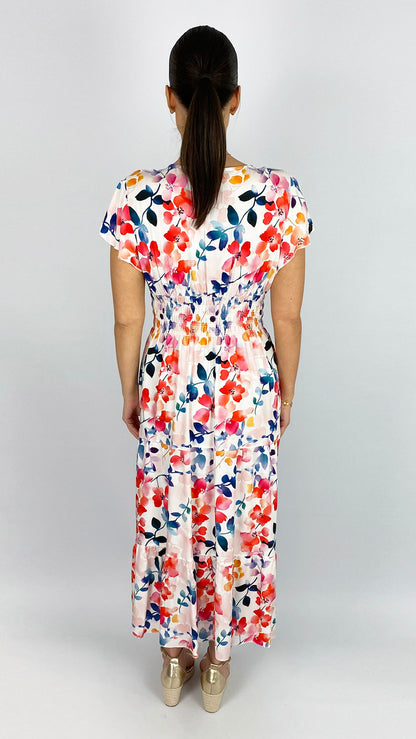 Floral shirred waist v-neck maxi dress