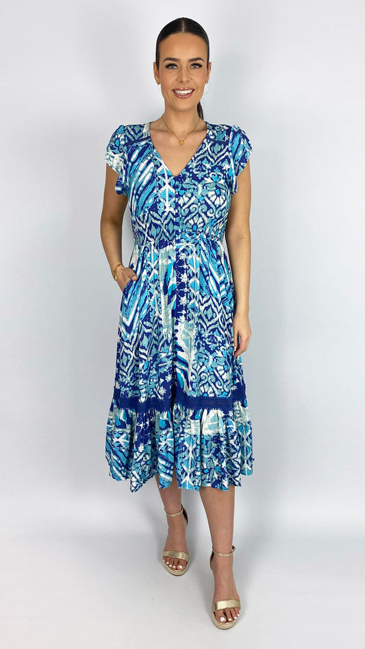 Button-through v-neck frill-sleeve print midi dress | Blue/Navy
