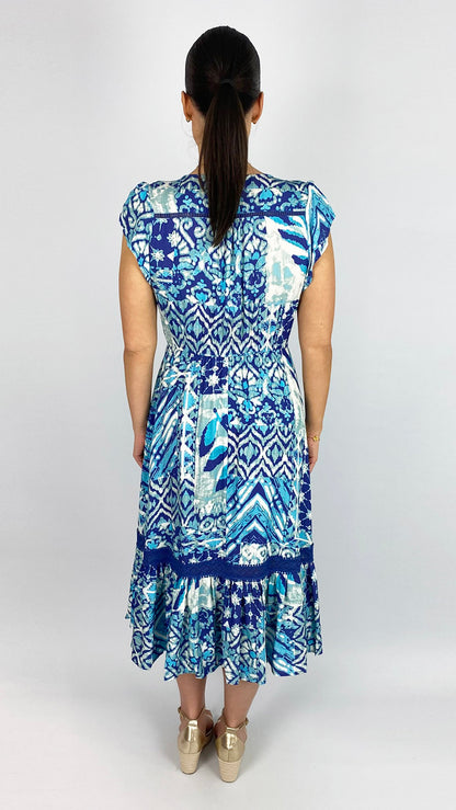 Button-through v-neck frill-sleeve print midi dress | Blue/Navy