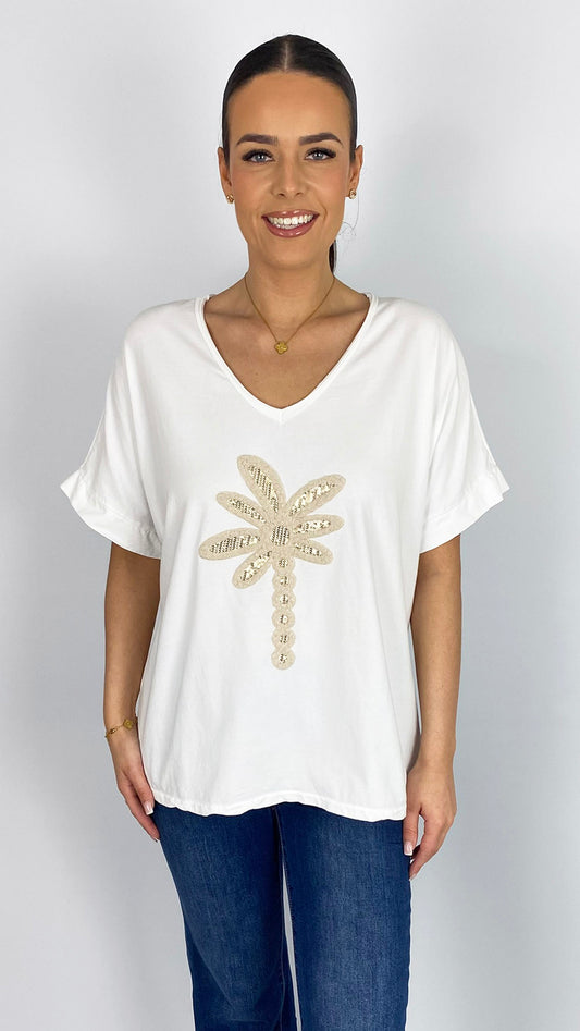 Sequin & boucle palm tree v-neck t-shirt | 4 Colours