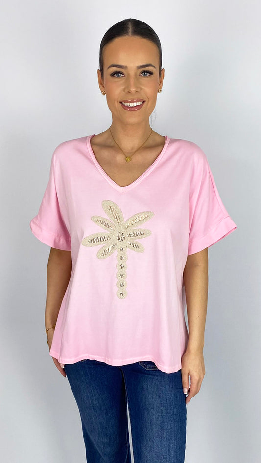 Sequin & boucle palm tree v-neck t-shirt | 4 Colours