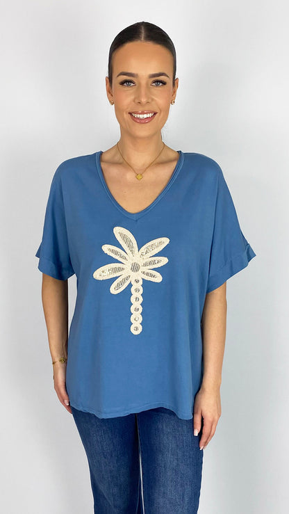 Sequin & boucle palm tree v-neck t-shirt | 4 Colours