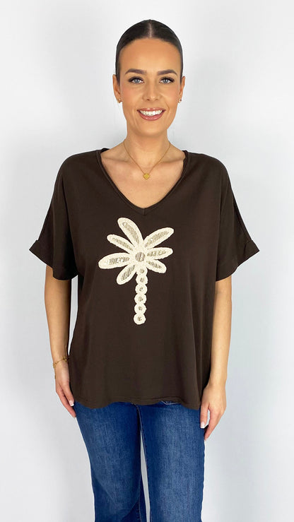 Sequin & boucle palm tree v-neck t-shirt | 4 Colours