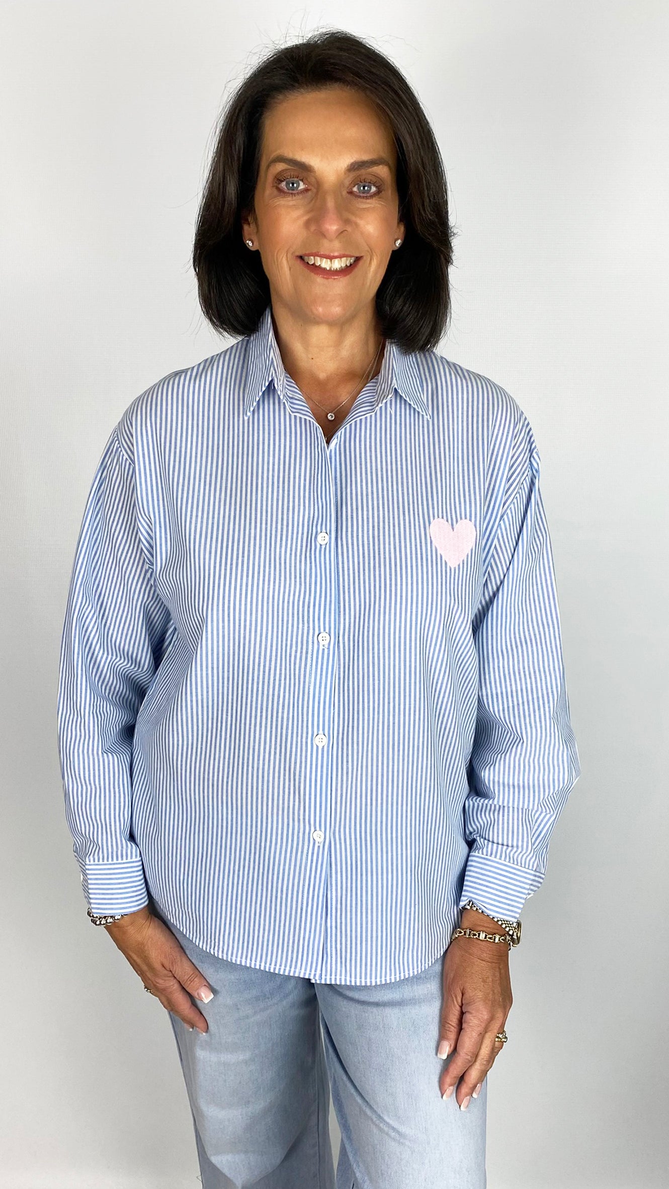 Pinstripe stitched slogan back shirt | Blue