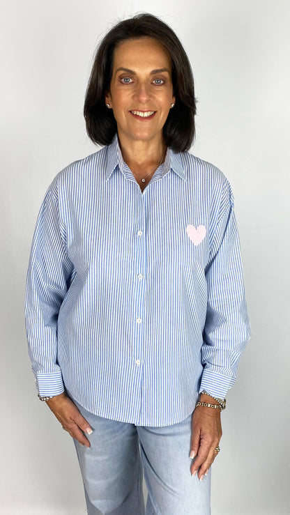 Pinstripe stitched slogan back shirt | Blue