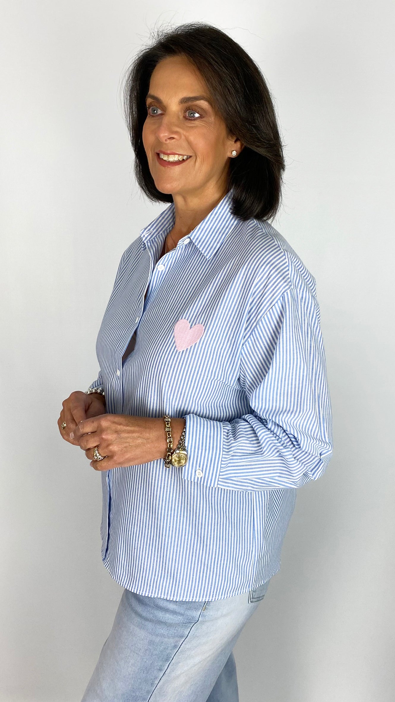 Pinstripe stitched slogan back shirt | Blue