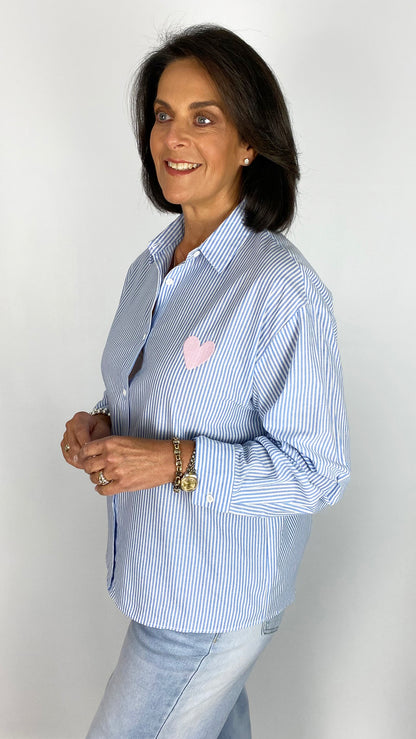 Pinstripe stitched slogan back shirt | Blue