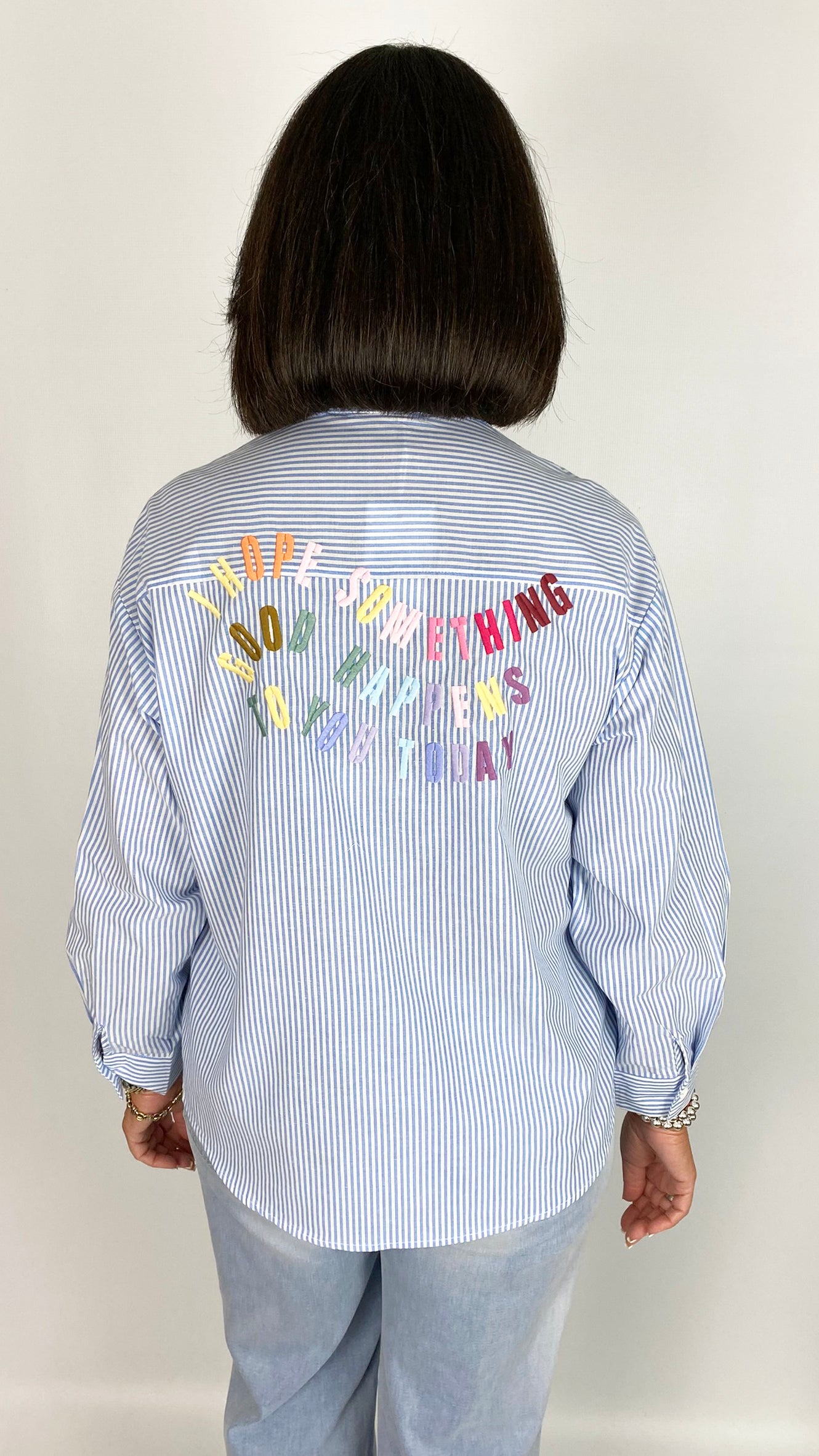 Pinstripe stitched slogan back shirt | Blue