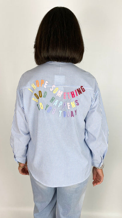 Pinstripe stitched slogan back shirt | Blue