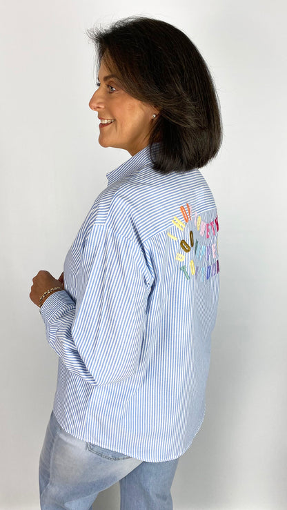 Pinstripe stitched slogan back shirt | Blue