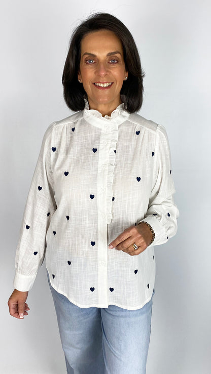 Frill collar multi stitched heart cotton shirt | 2 Colours