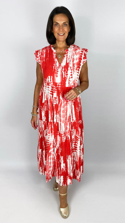 Brushstroke print tiered maxi dress | 6 Colours | Red, Hot Pink & Black back in!