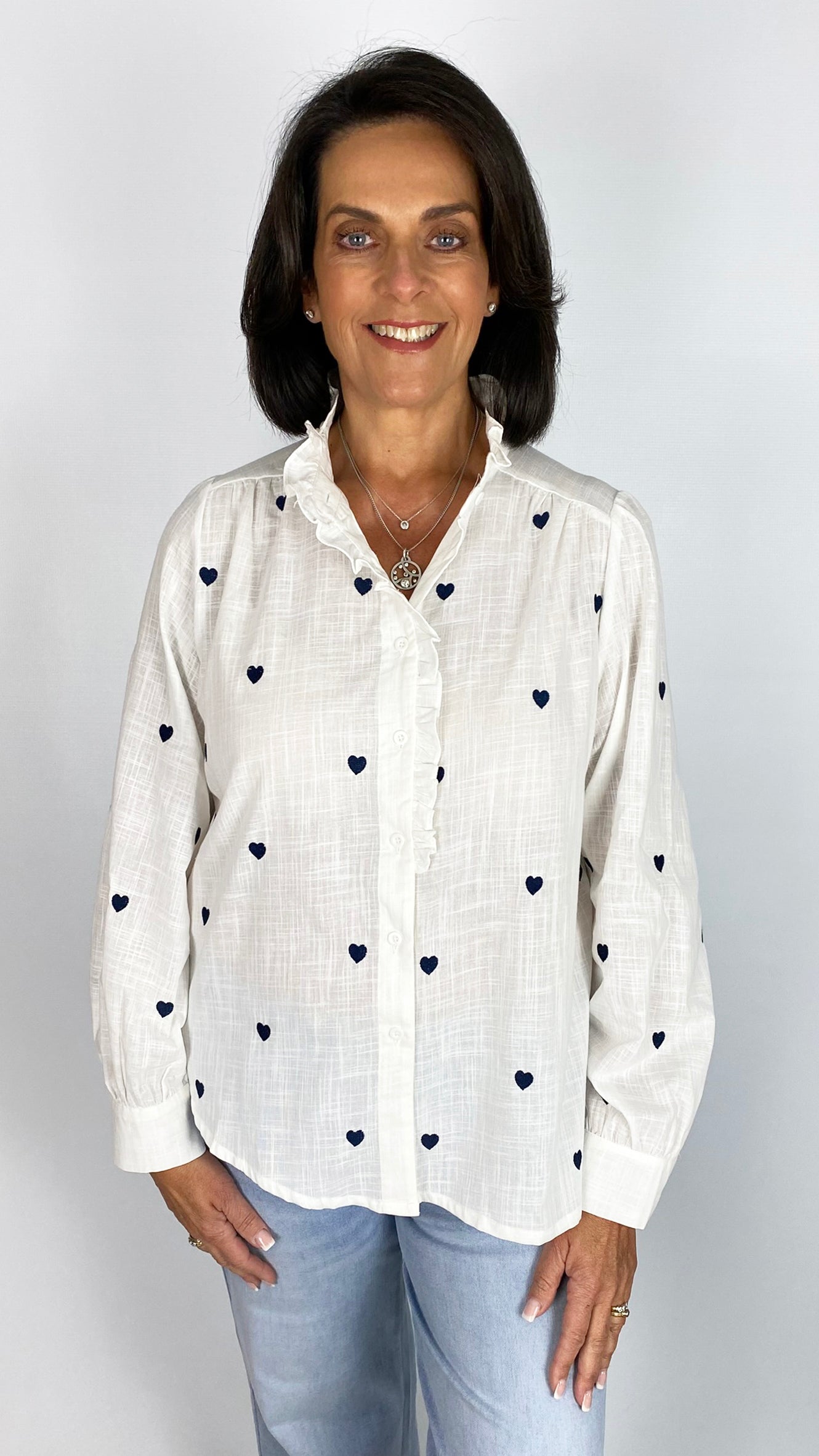 Frill collar multi stitched heart cotton shirt | 2 Colours