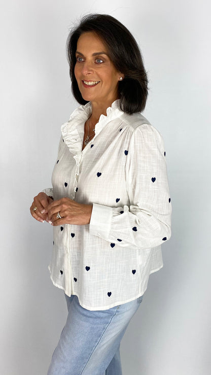 Frill collar multi stitched heart cotton shirt | 2 Colours