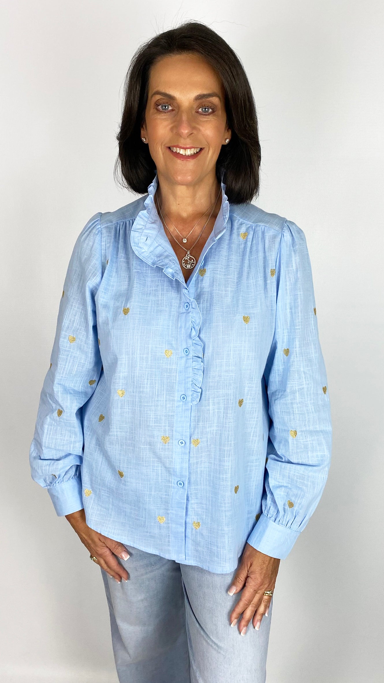 Frill collar multi stitched heart cotton shirt | 2 Colours