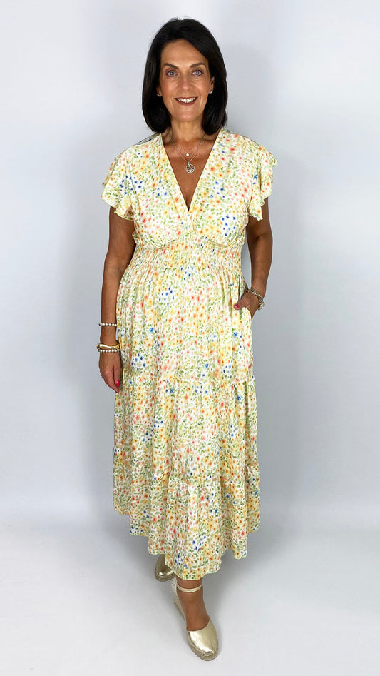 Angel sleeve shirred waist v-neck multi coloured print maxi dress | 3 Colours