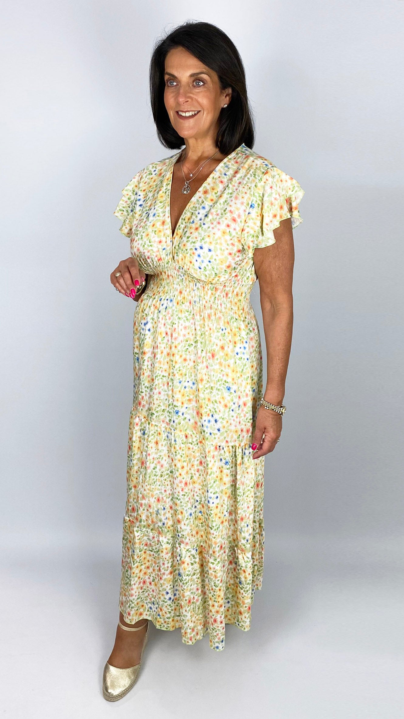 Angel sleeve shirred waist v-neck multi coloured print maxi dress | 3 Colours