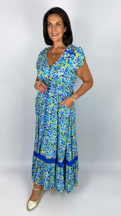 Button-through v-neck frill-sleeve print maxi dress | Blue/Green Floral