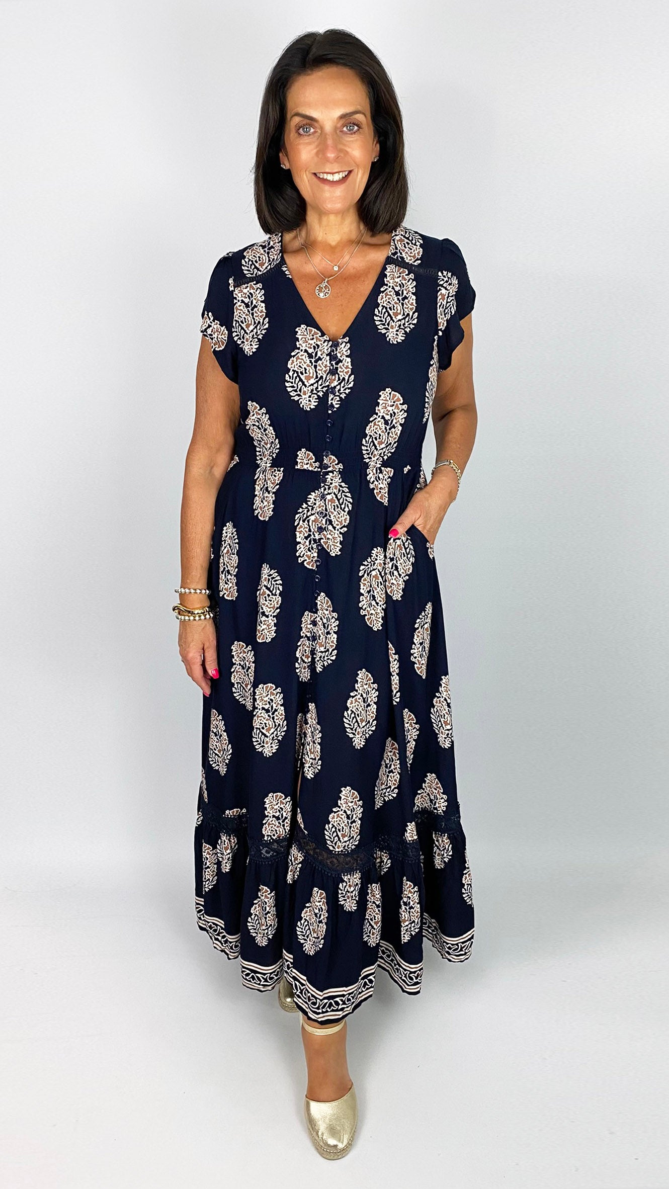 Button-through v-neck frill-sleeve print maxi dress | Navy/Mocha