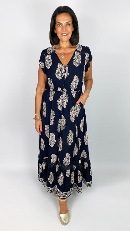 Button-through v-neck frill-sleeve print maxi dress | Navy/Mocha
