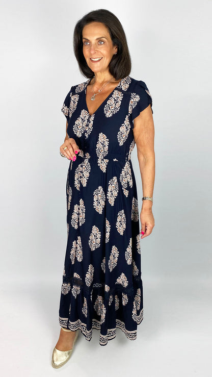 Button-through v-neck frill-sleeve print maxi dress | Navy/Mocha