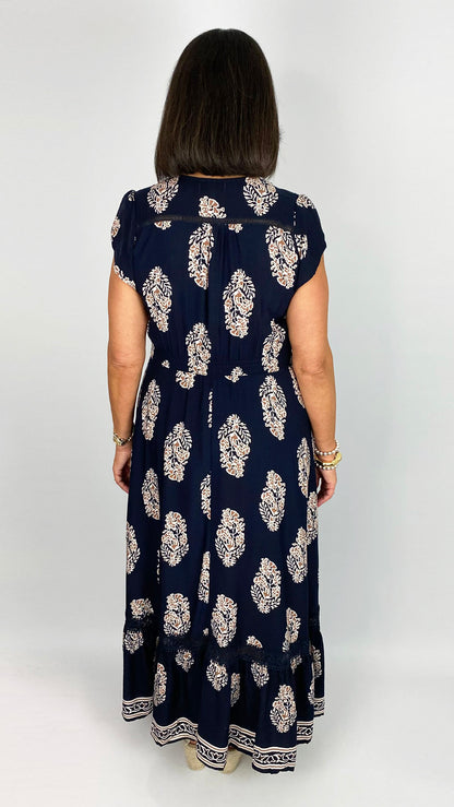 Button-through v-neck frill-sleeve print maxi dress | Navy/Mocha