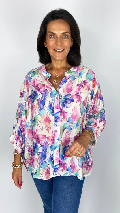 Oversized floral print button-through collarless shirt | Pink/Blue