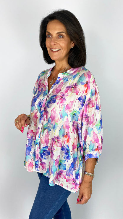 Oversized floral print button-through collarless shirt | Pink/Blue