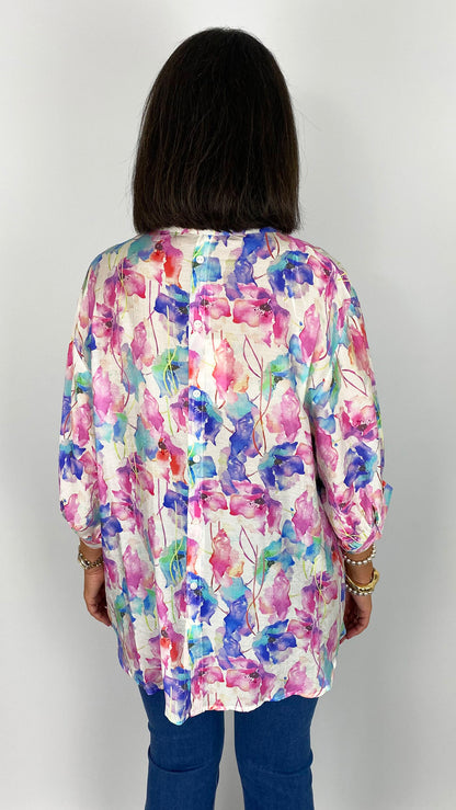 Oversized floral print button-through collarless shirt | Pink/Blue